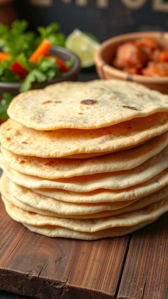 A stack of warm, soft XL flour tortillas on a wooden table, with fresh ingredients in the background.